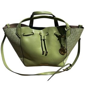 Michael Kors MK Phoebe Large 2-Way Drawstring Green Grab Bag Purse Long Strap